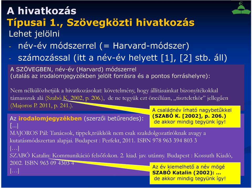 bizonyítékokkal támasszuk alá (Szabó K. 2002, p. 206.),