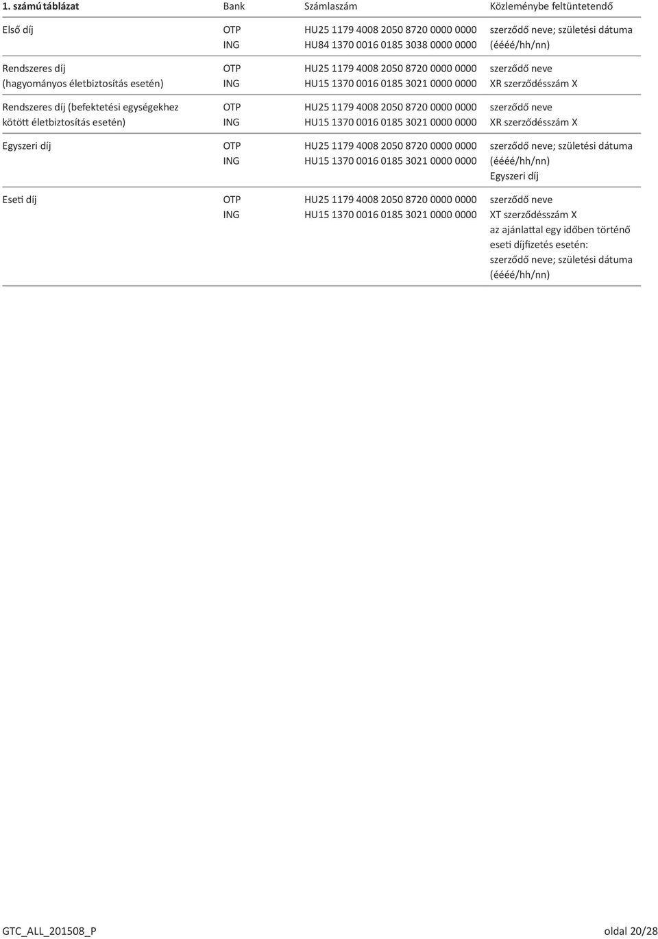 egységekhez kötött életbiztosítás esetén) OTP ING HU25 1179 4008 2050 8720 0000 0000 HU15 1370 0016 0185 3021 0000 0000 szerződő neve XR szerződésszám X Egyszeri díj OTP ING HU25 1179 4008 2050 8720