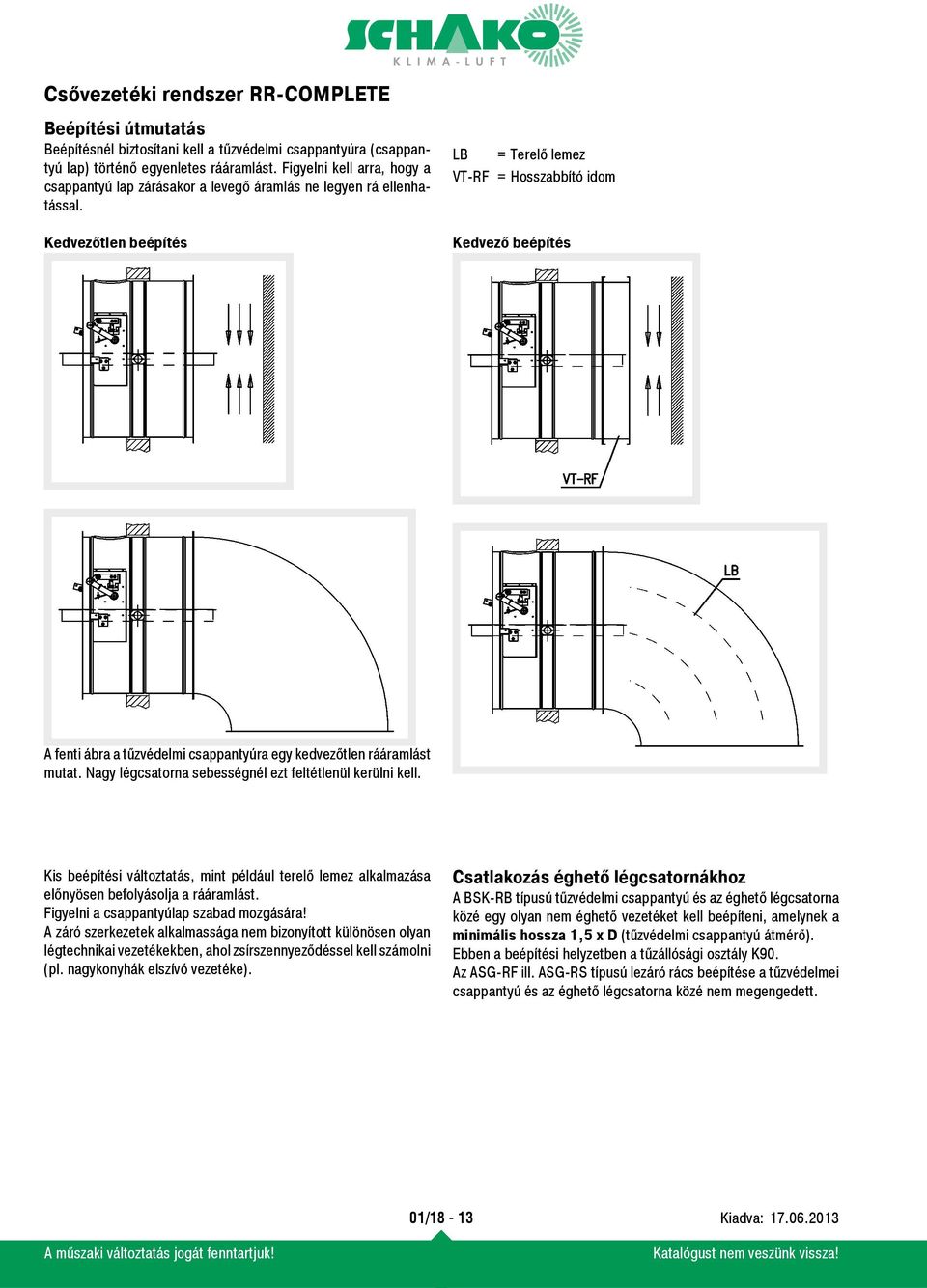 Kedvezőtlen beépítés LB = Terelő lemez VT-RF = Hosszabbító idom Kedvező beépítés A fenti ábra a tűzvédelmi csappantyúra egy kedvezőtlen rááramlást mutat.