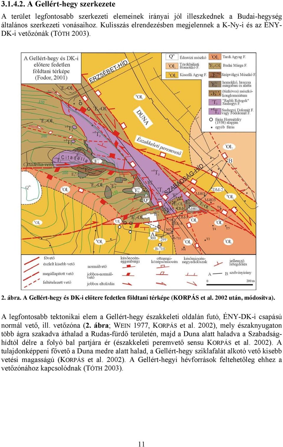 A legfontosabb tektonikai elem a Gellért-hegy északkeleti oldalán futó, ÉNY-DK-i csapású normál vető, ill. vetőzóna (2. ábra; WEIN 1977, KORPÁS et al.