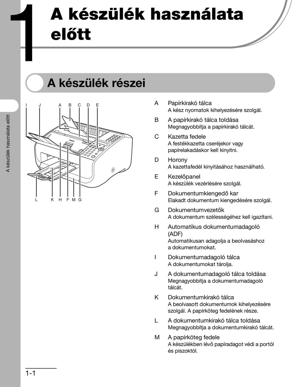 Horony A kazettafedél kinyitásához használható. Kezelőpanel A készülék vezérlésére szolgál. L K H F M G F Dokumentumkiengedő kar Elakadt dokumentum kiengedésére szolgál.