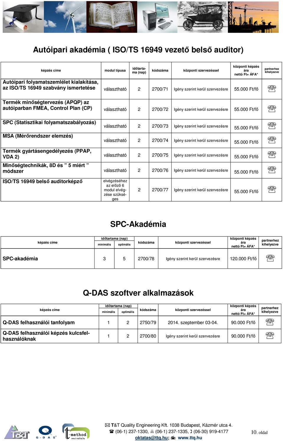 000 Ft/fő SPC (Statisztikai folyamatszabályozás) MSA (Mérőrendszer elemzés) választható 2 2700/73 Igény szerint kerül szervezésre választható 2 2700/74 Igény szerint kerül szervezésre Termék