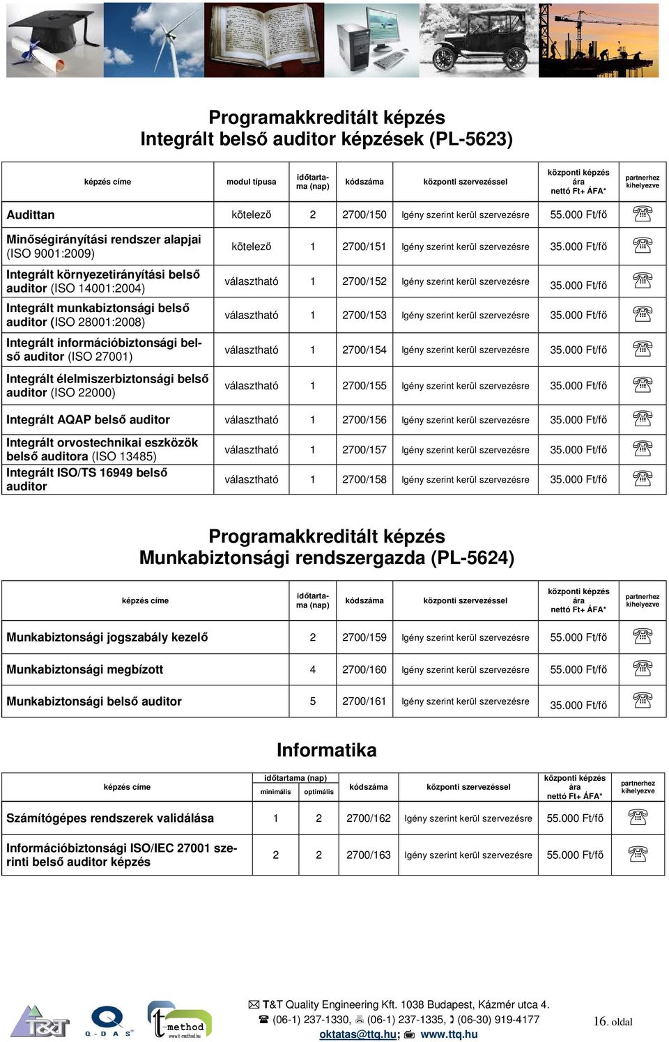 információbiztonsági belső auditor (ISO 27001) Integrált élelmiszerbiztonsági belső auditor (ISO 22000) kötelező 1 2700/151 Igény szerint kerül szervezésre 35.