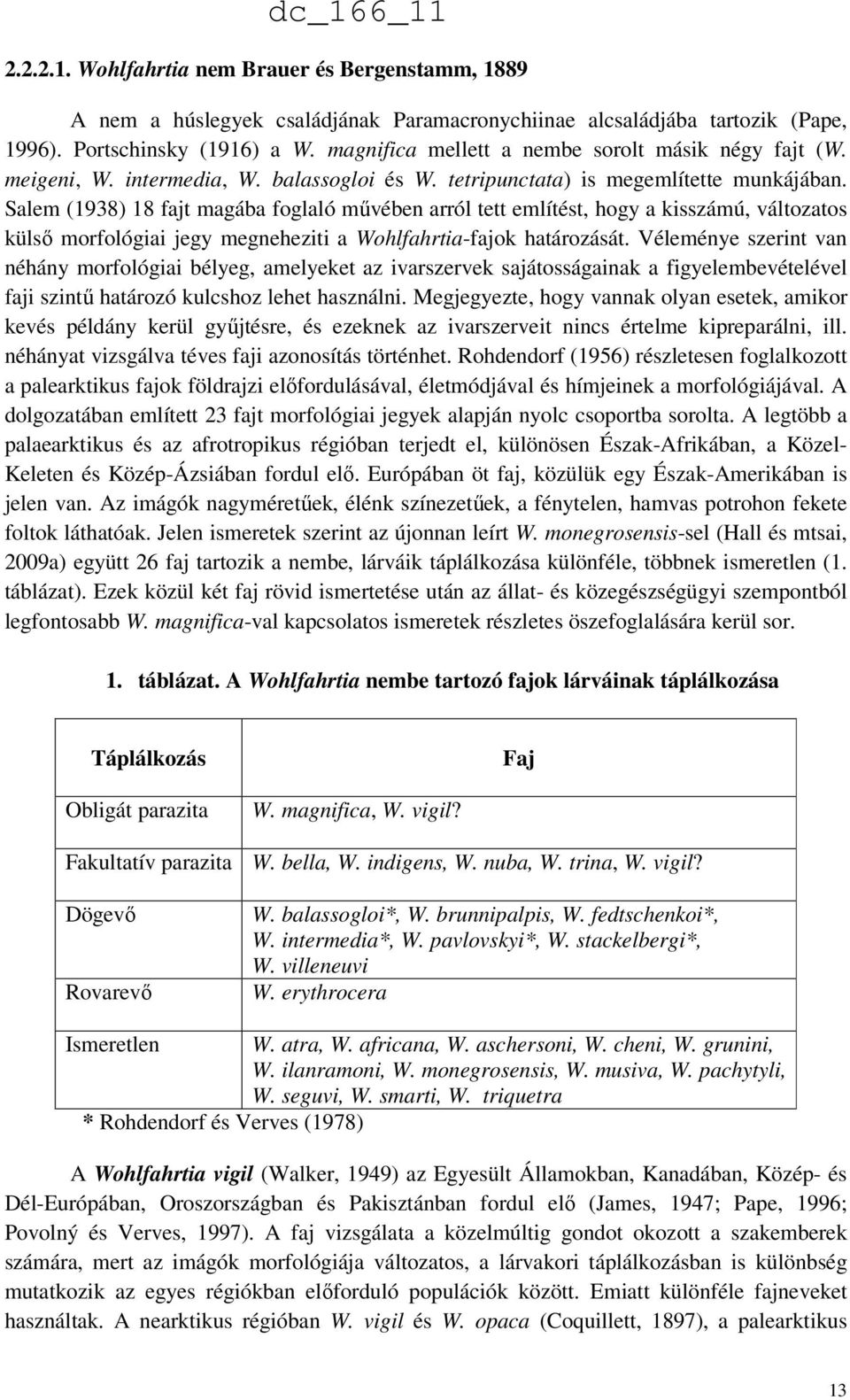 Salem (1938) 18 fajt magába foglaló művében arról tett említést, hogy a kisszámú, változatos külső morfológiai jegy megneheziti a Wohlfahrtia-fajok határozását.