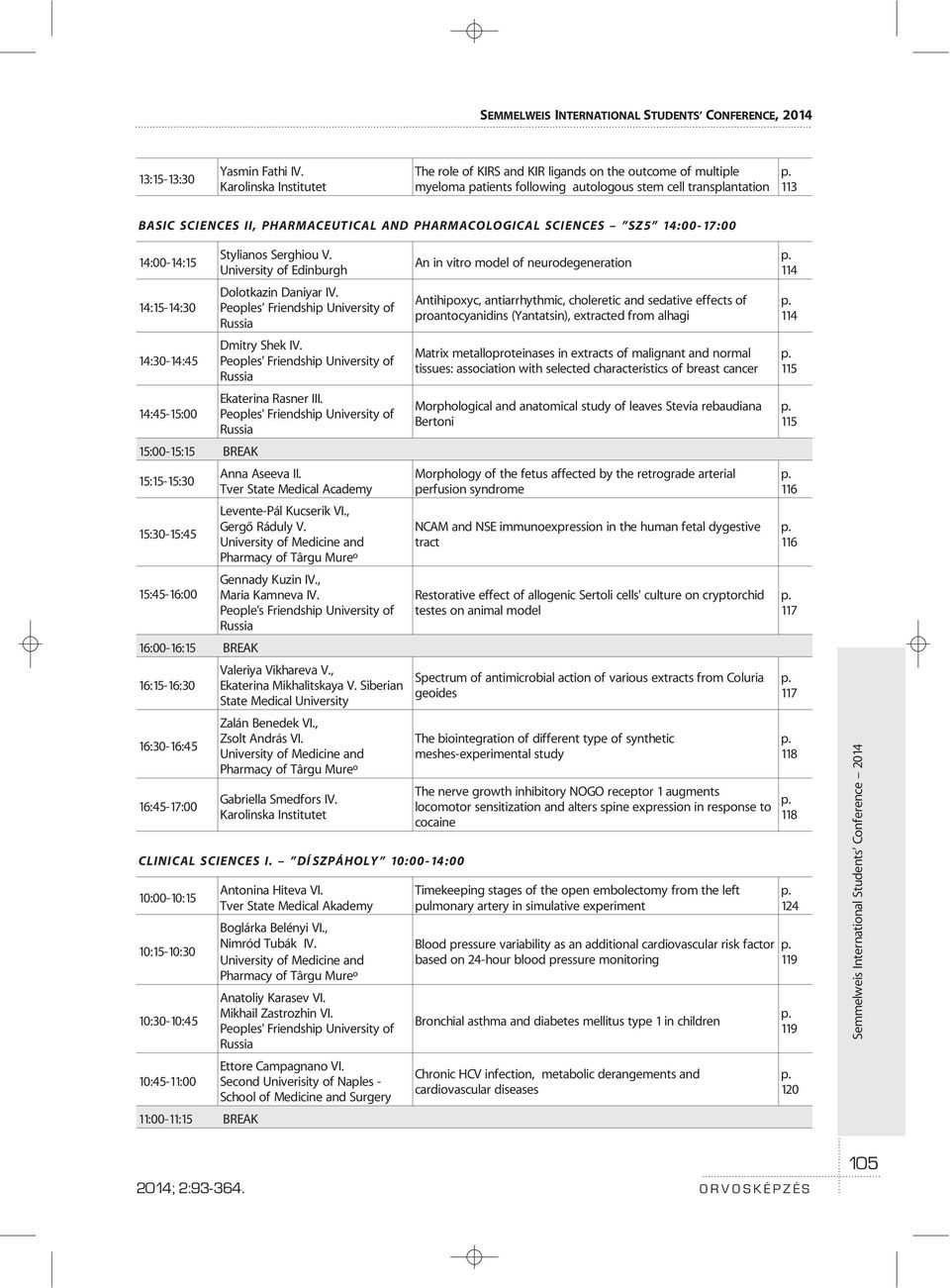 113 BASIC SCIENCES II, PHARMACEUTICAL AND PHARMACOLOGICAL SCIENCES SZ5 14:00-17:00 14:00-14:15 14:15-14:30 14:30-14:45 Stylianos Serghiou V. University of Edinburgh Dolotkazin Daniyar IV.