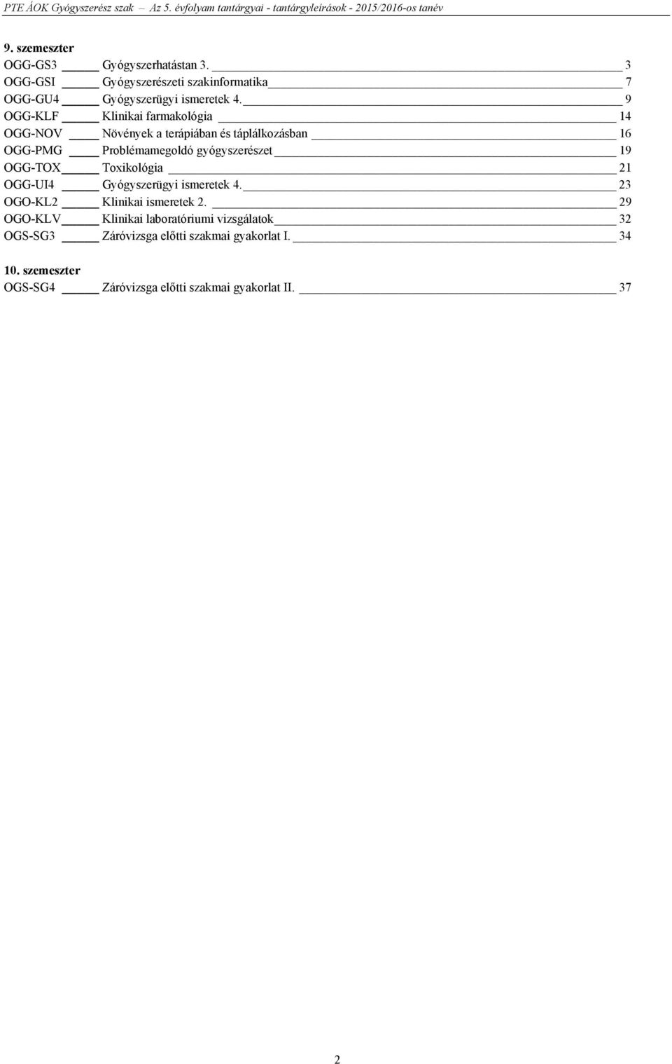 19 OGG-TOX Toxikológia 21 OGG-UI4 Gyógyszerügyi ismeretek 4. 23 OGO-KL2 Klinikai ismeretek 2.