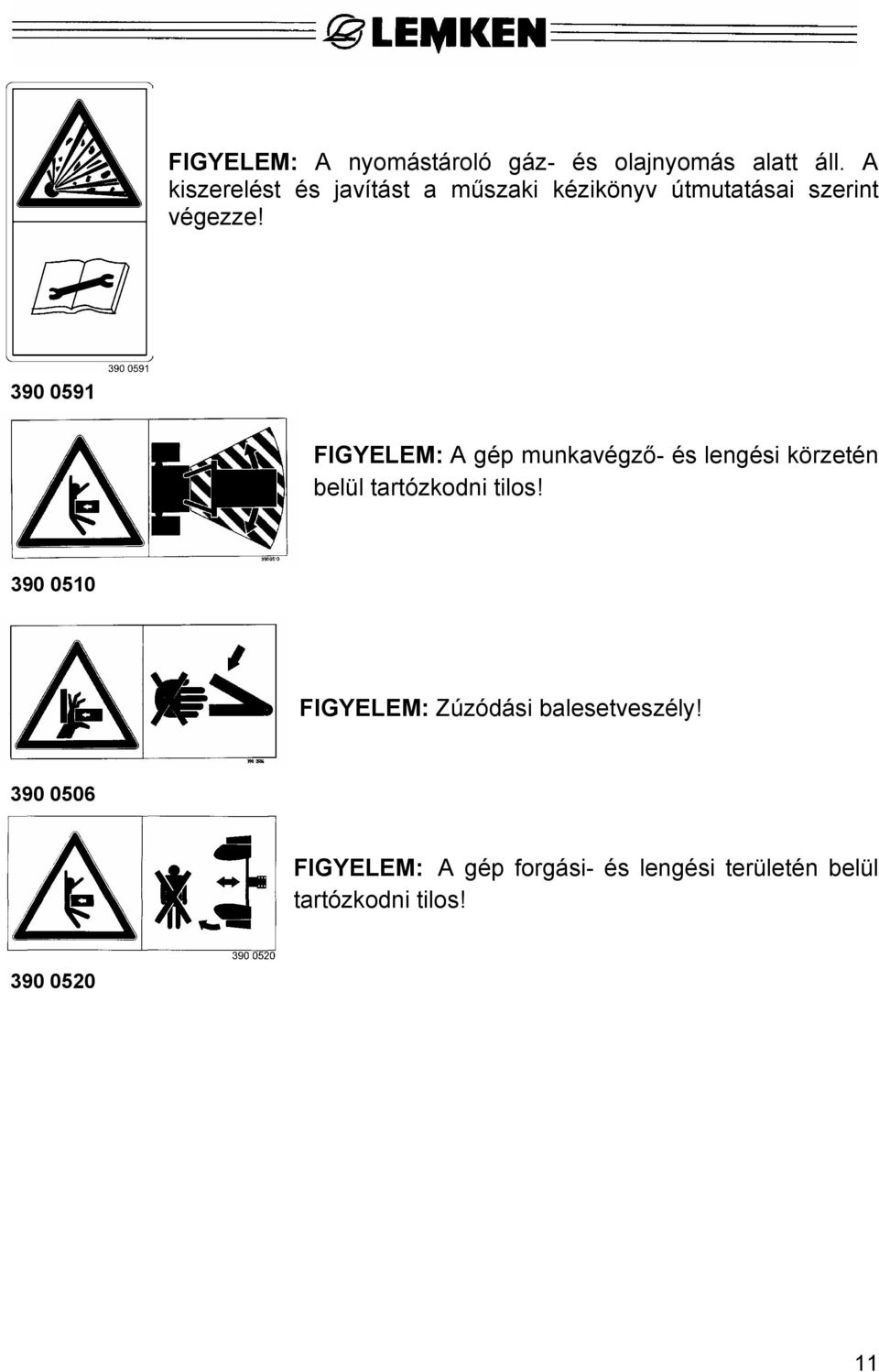 390 0591 FIGYELEM: A gép munkavégző- és lengési körzetén belül tartózkodni tilos!