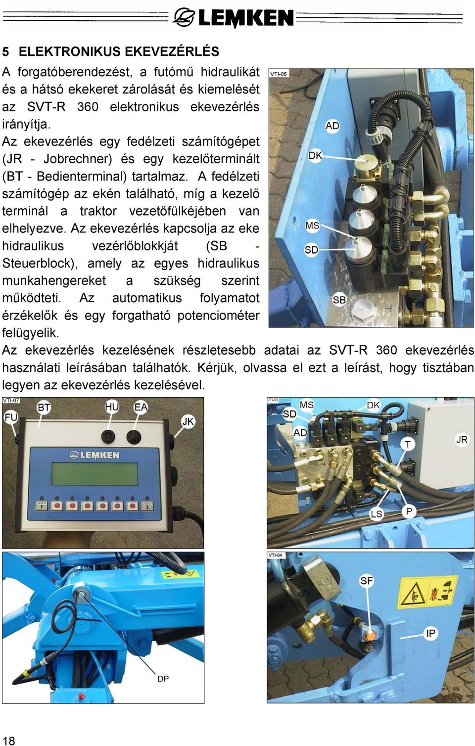 A fedélzeti számítógép az ekén található, míg a kezelő terminál a traktor vezetőfülkéjében van elhelyezve.