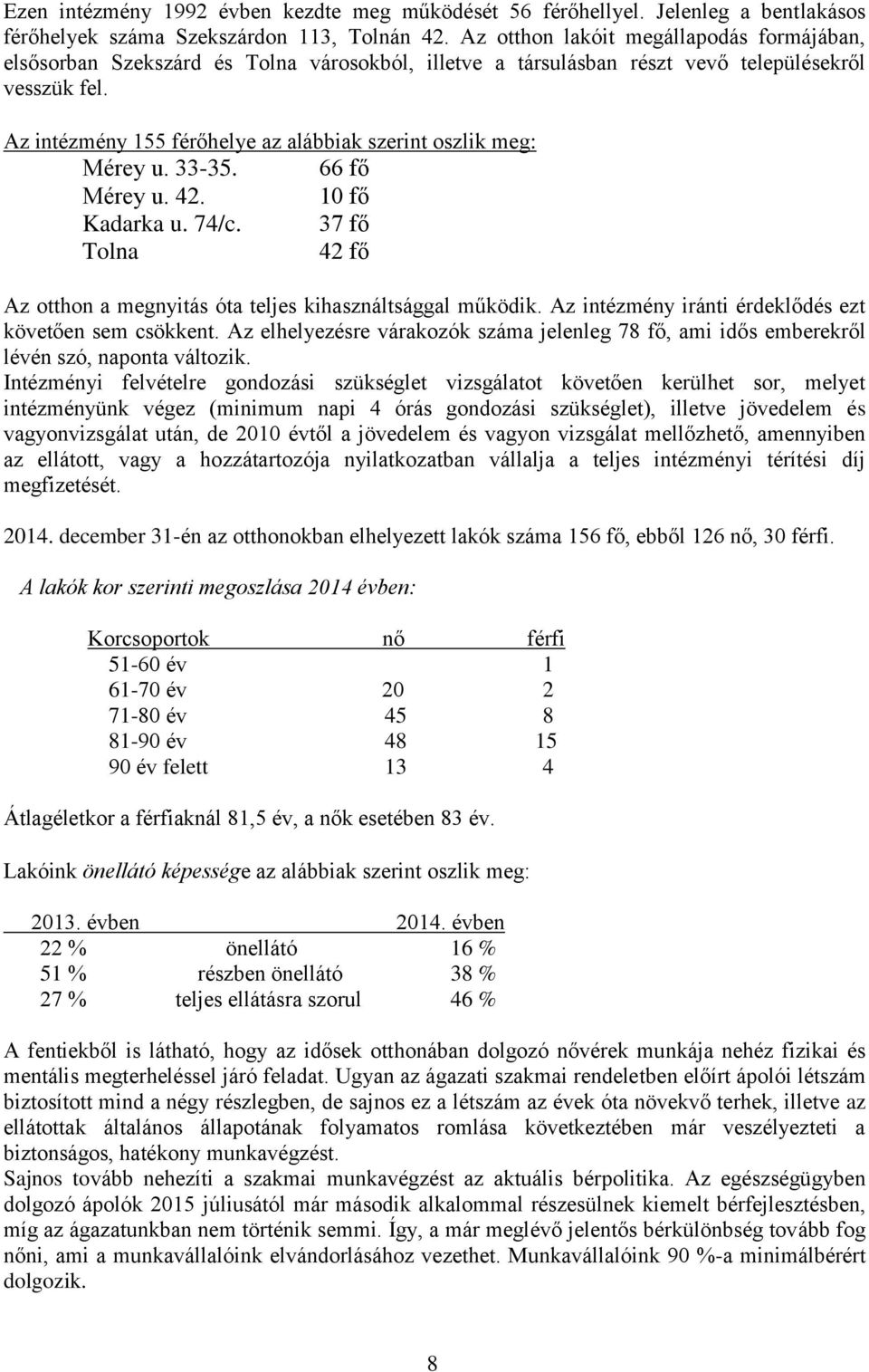 Az intézmény 155 férőhelye az alábbiak szerint oszlik meg: Mérey u. 33-35. 66 fő Mérey u. 42. 10 fő Kadarka u. 74/c. 37 fő Tolna 42 fő Az otthon a megnyitás óta teljes kihasználtsággal működik.