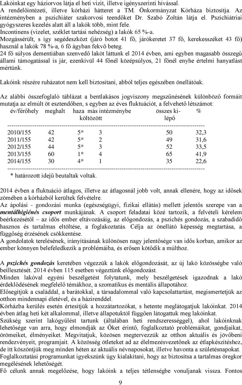 Incontinens (vizelet, széklet tartási nehézség) a lakók 65 %-a.