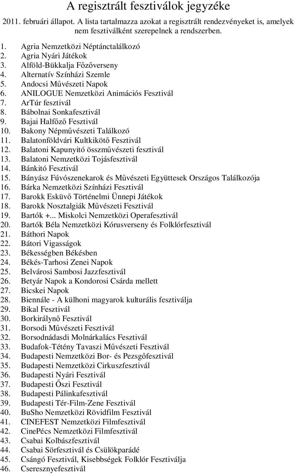 ArTúr fesztivál 8. Bábolnai Sonkafesztivál 9. Bajai Half Fesztivál 10. Bakony Népm vészeti Találkozó 11. Balatonföldvári Kultkiköt Fesztivál 12. Balatoni Kapunyitó összm vészeti fesztivál 13.