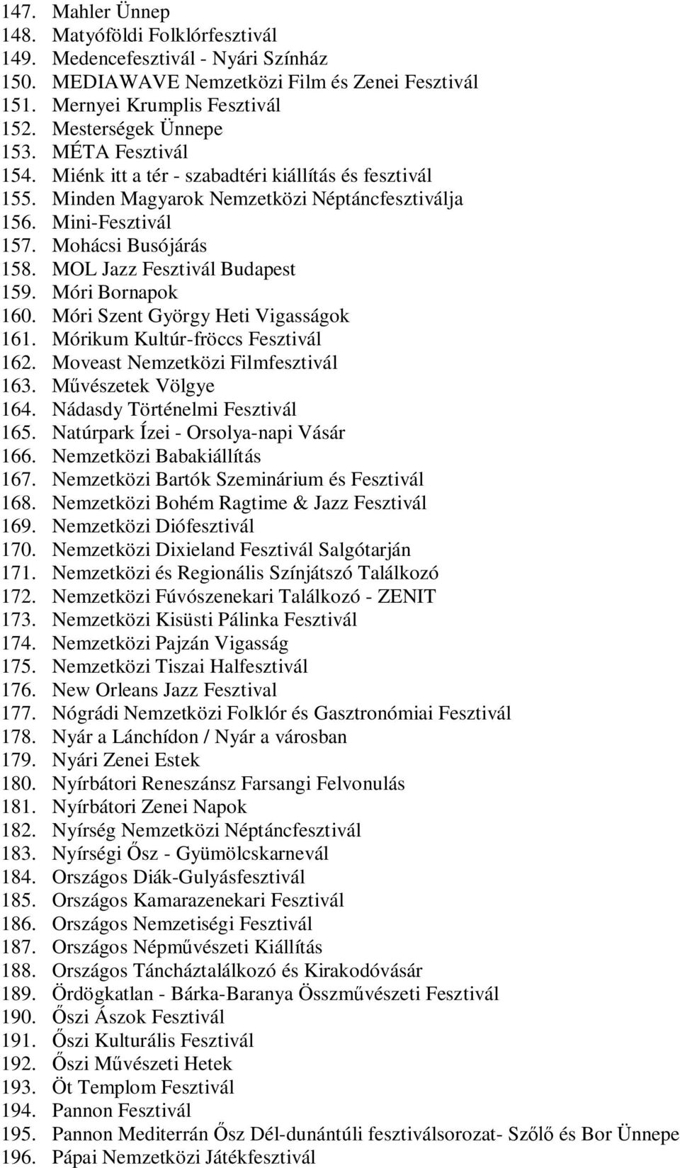 MOL Jazz Fesztivál Budapest 159. Móri Bornapok 160. Móri Szent György Heti Vigasságok 161. Mórikum Kultúr-fröccs Fesztivál 162. Moveast Nemzetközi Filmfesztivál 163. vészetek Völgye 164.