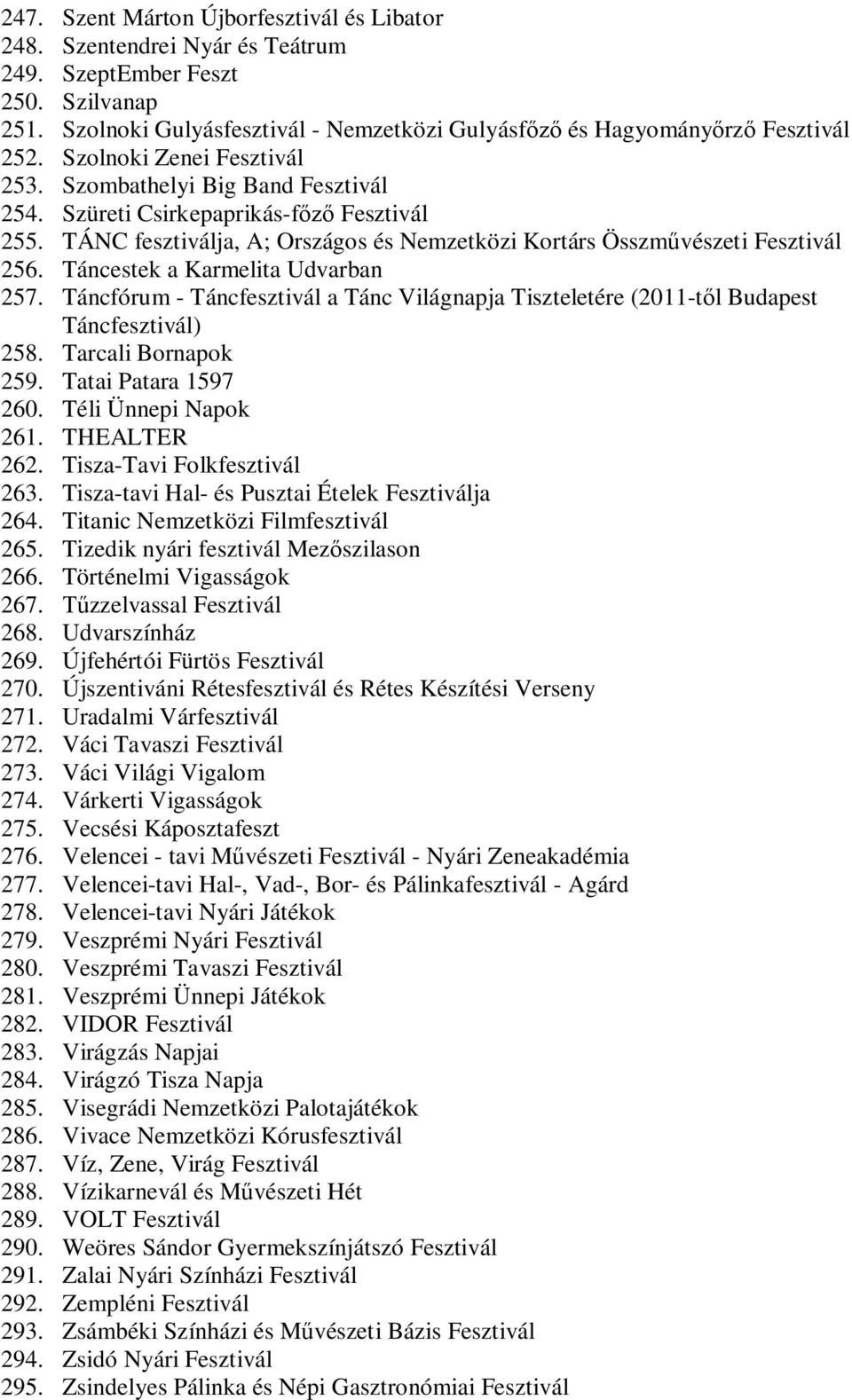 Táncestek a Karmelita Udvarban 257. Táncfórum - Táncfesztivál a Tánc Világnapja Tiszteletére (2011-t l Budapest Táncfesztivál) 258. Tarcali Bornapok 259. Tatai Patara 1597 260. Téli Ünnepi Napok 261.