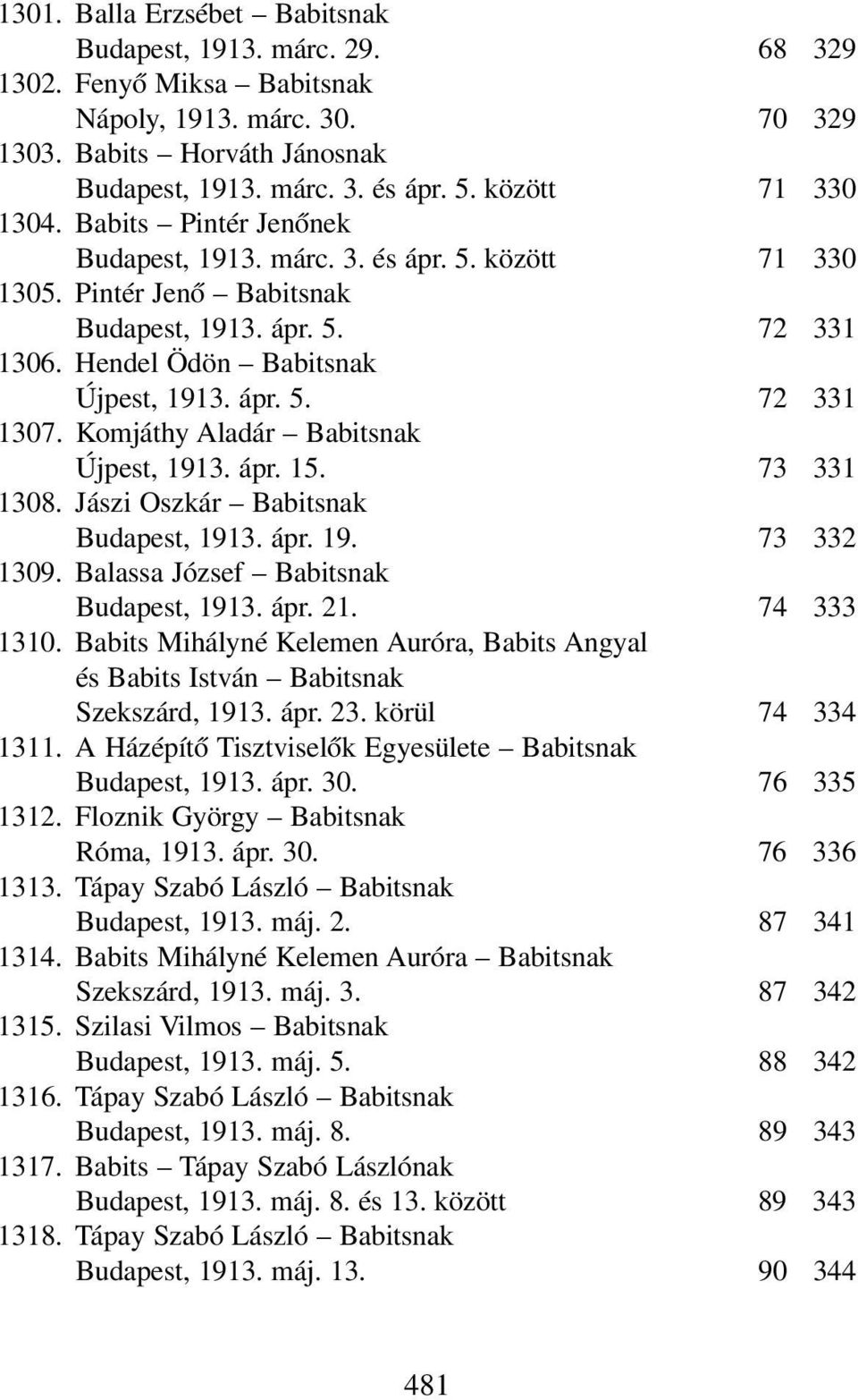 Komjáthy Aladár Babitsnak Újpest, 1913. ápr. 15. 73 331 1308. Jászi Oszkár Babitsnak Budapest, 1913. ápr. 19. 73 332 1309. Balassa József Babitsnak Budapest, 1913. ápr. 21. 74 333 1310.