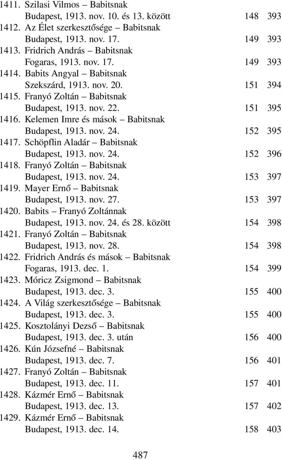 nov. 24. 152 395 1417. Schöpflin Aladár Babitsnak Budapest, 1913. nov. 24. 152 396 1418. Franyó Zoltán Babitsnak Budapest, 1913. nov. 24. 153 397 1419. Mayer Ernő Babitsnak Budapest, 1913. nov. 27.