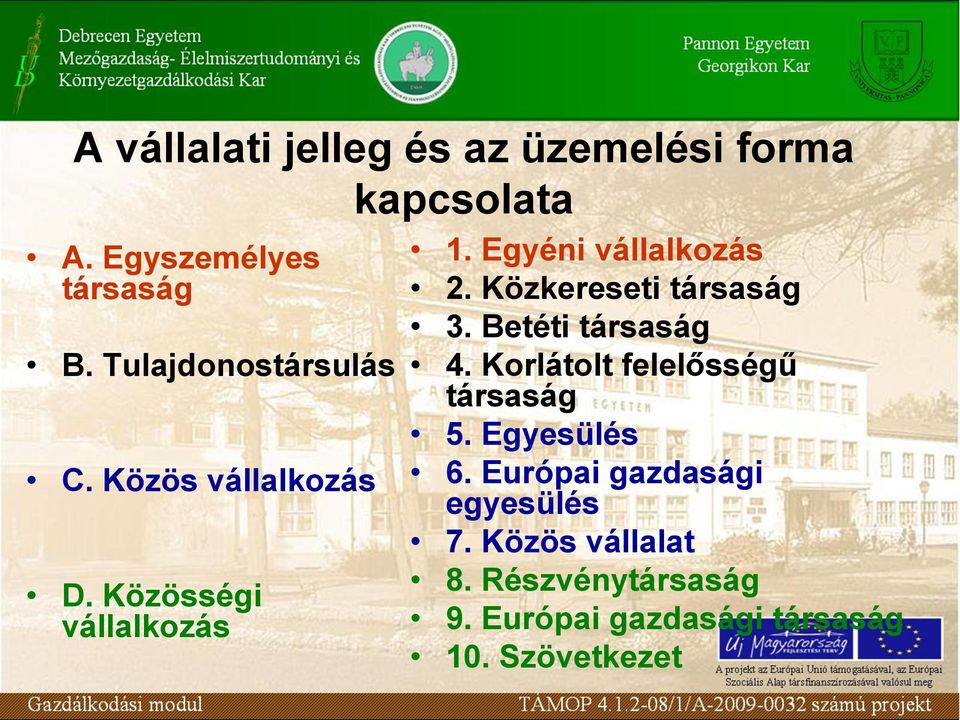 Közkereseti társaság 3. Betéti társaság 4. Korlátolt felelősségű társaság 5. Egyesülés 6.