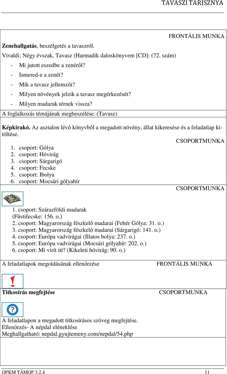 Az asztalon lévő könyvből a megadott növény, állat kikeresése és a feladatlap kitöltése. CSOPORTMUNKA 1. csoport: Gólya 2. csoport: Hóvirág 3. csoport: Sárgarigó 4. csoport: Fecske 5.