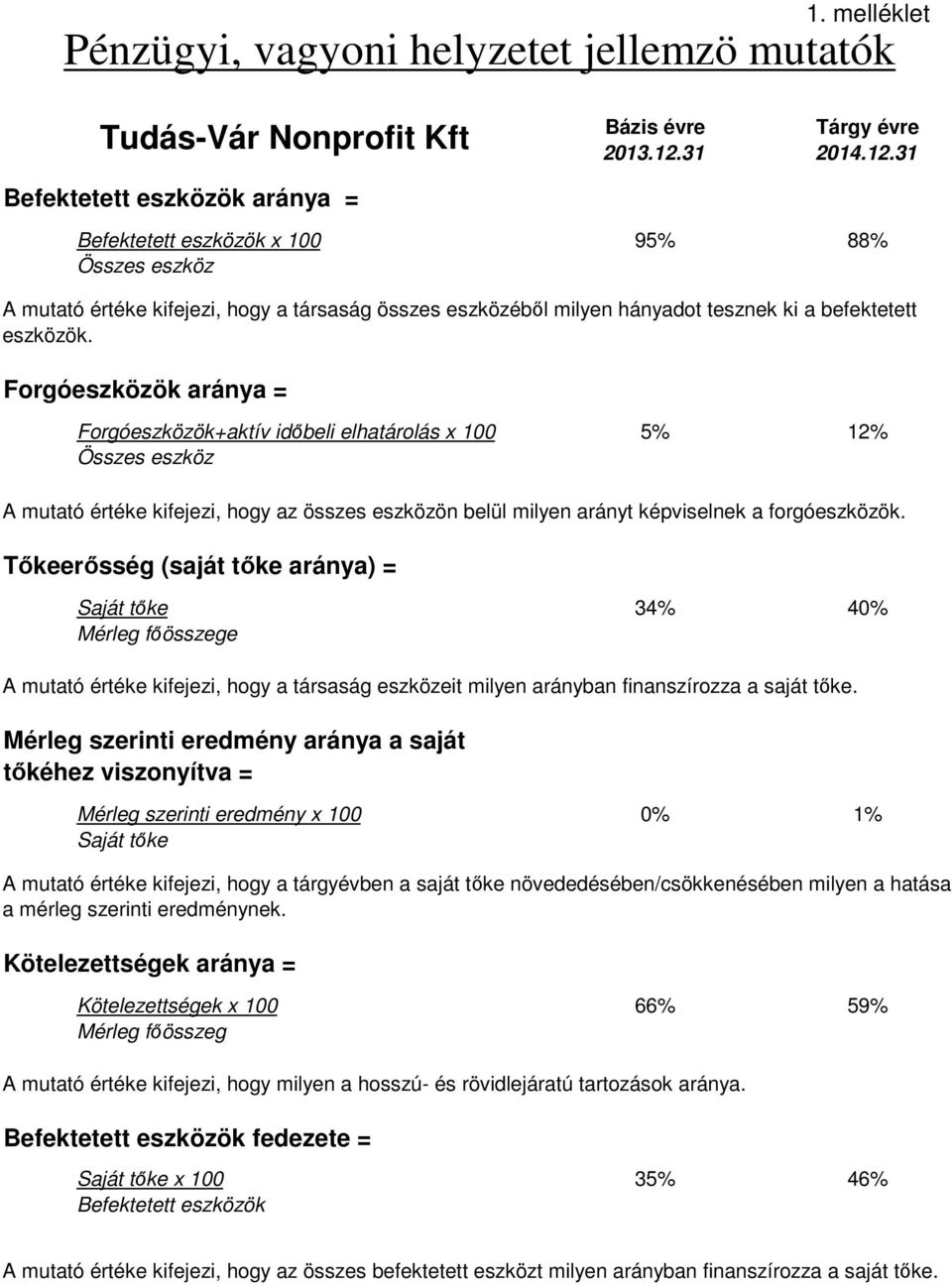 31 Befektetett eszközök aránya = Befektetett eszközök x 100 95% 88% Összes eszköz A mutató értéke kifejezi, hogy a társaság összes eszközéből milyen hányadot tesznek ki a befektetett eszközök.