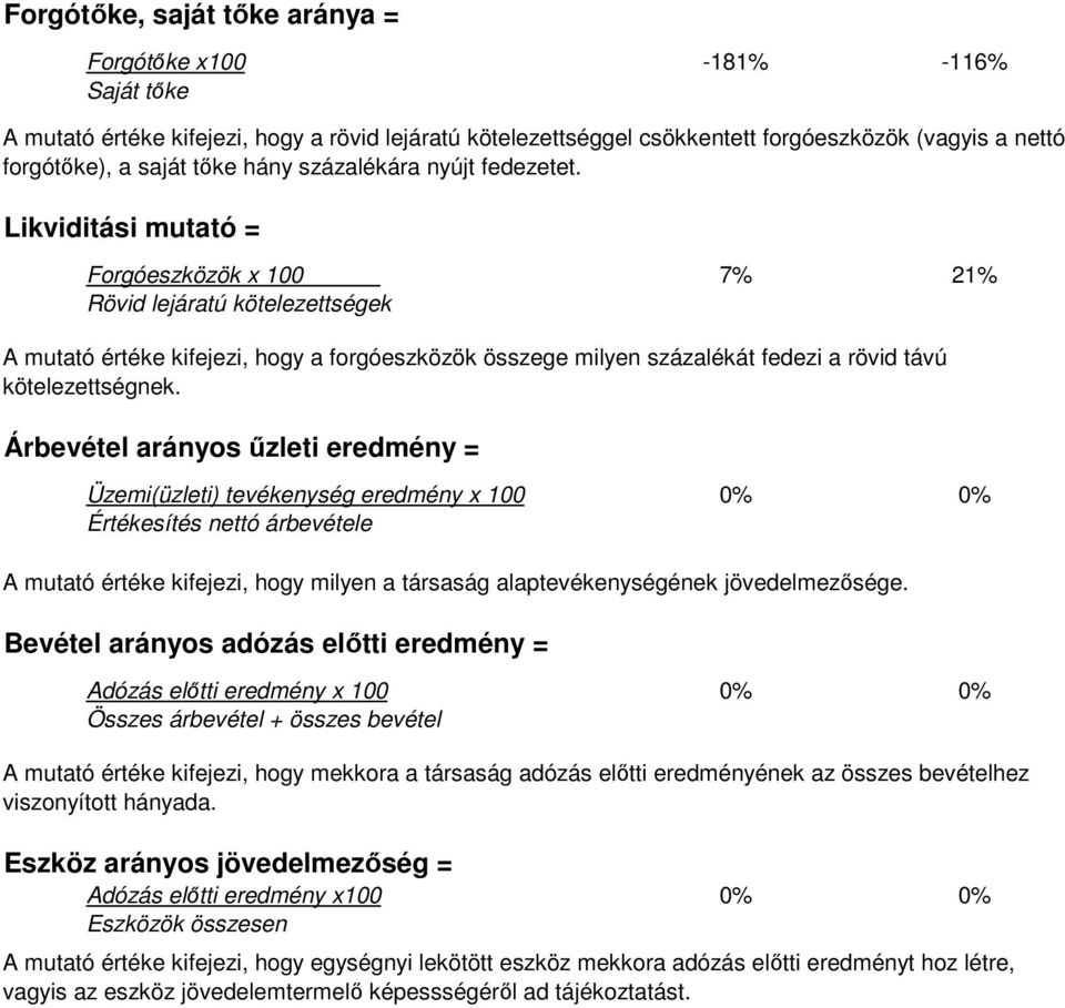 Likviditási mutató = Forgóeszközök x 100 7% 21% Rövid lejáratú kötelezettségek A mutató értéke kifejezi, hogy a forgóeszközök összege milyen százalékát fedezi a rövid távú kötelezettségnek.