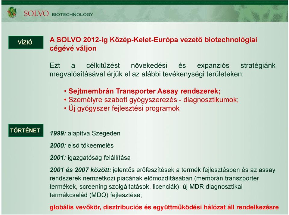 első tökeemelés 2001: igazgatóság g g felállítása 2001 és 2007 között: jelentős erőfeszítések a termék fejlesztésben és az assay rendszerek nemzetkozi piacának előmozdításában