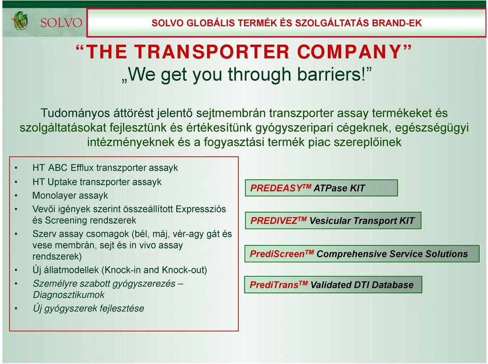 szereplőinek HT ABC Efflux transzporter assayk HT Uptake transzporter assayk Monolayer assayk Vevői igények szerint összeállított Expressziós és Screening rendszerek Szerv assay csomagok (bél, máj,