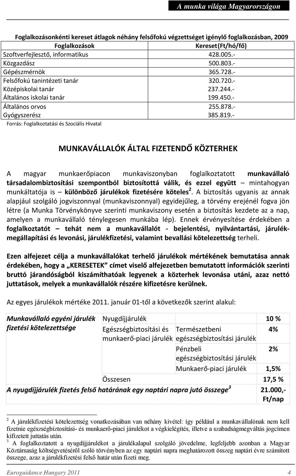 Forrás: Foglalkoztatási és Szociális Hivatal MUNKAVÁLLALÓK ÁLTAL FIZETENDŐ KÖZTERHEK A magyar munkaerőpiacon munkaviszonyban foglalkoztatott munkavállaló társadalombiztosítási szempontból