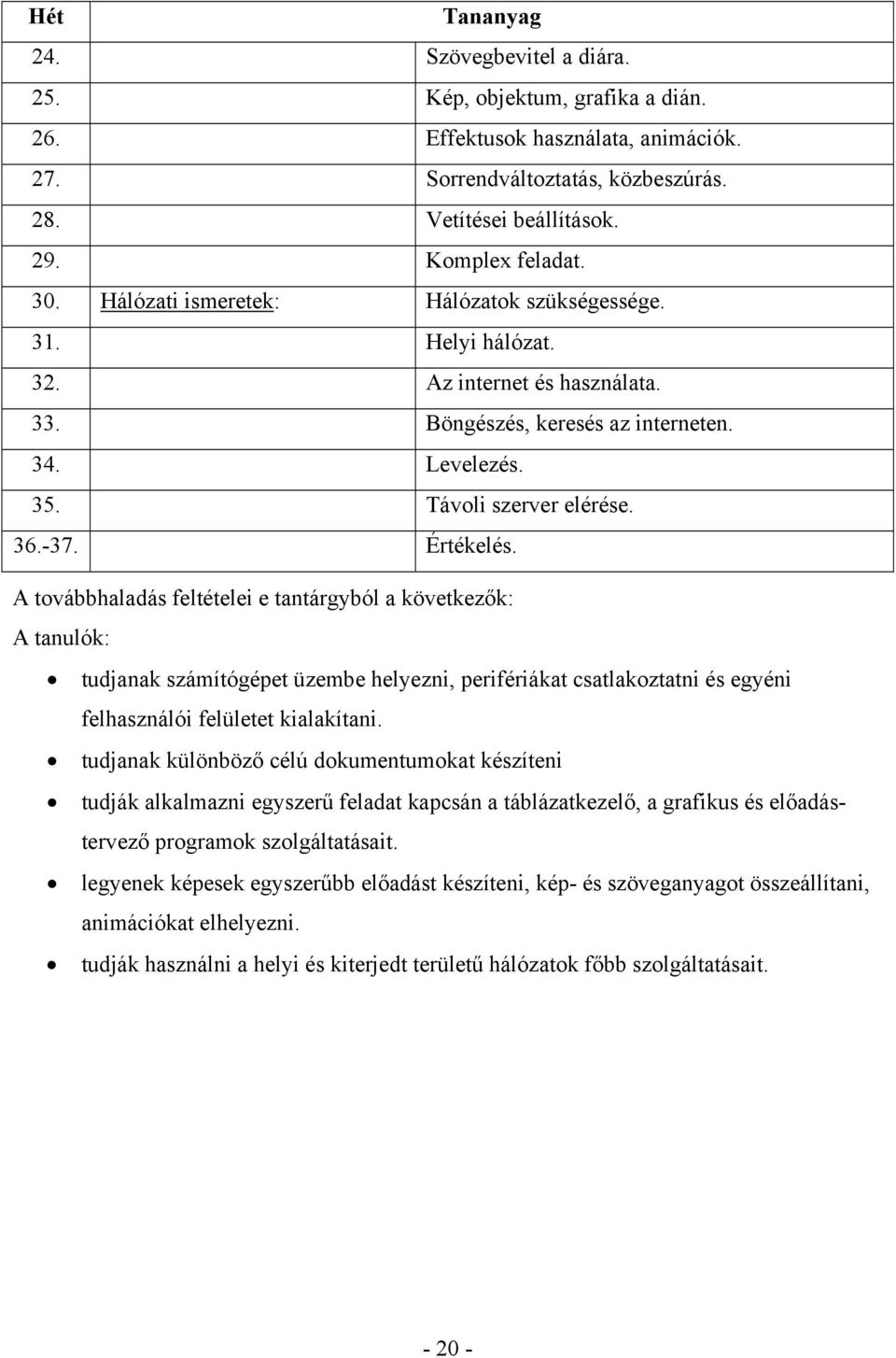 A továbbhaladás feltételei e tantárgyból a következők: A tanulók: tudjanak számítógépet üzembe helyezni, perifériákat csatlakoztatni és egyéni felhasználói felületet kialakítani.