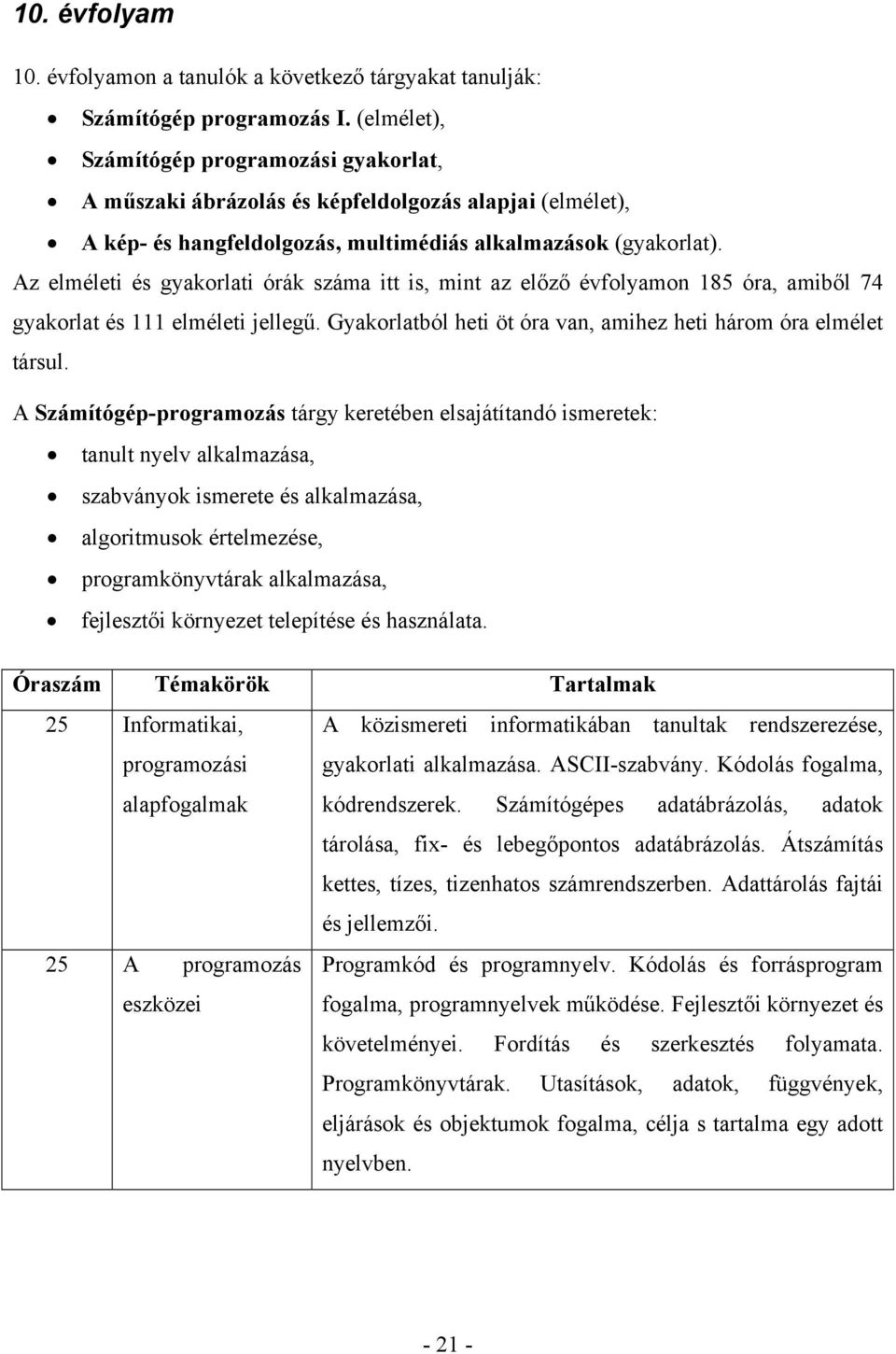 Az elméleti és gyakorlati órák száma itt is, mint az előző évfolyamon 185 óra, amiből 74 gyakorlat és 111 elméleti jellegű. Gyakorlatból heti öt óra van, amihez heti három óra elmélet társul.