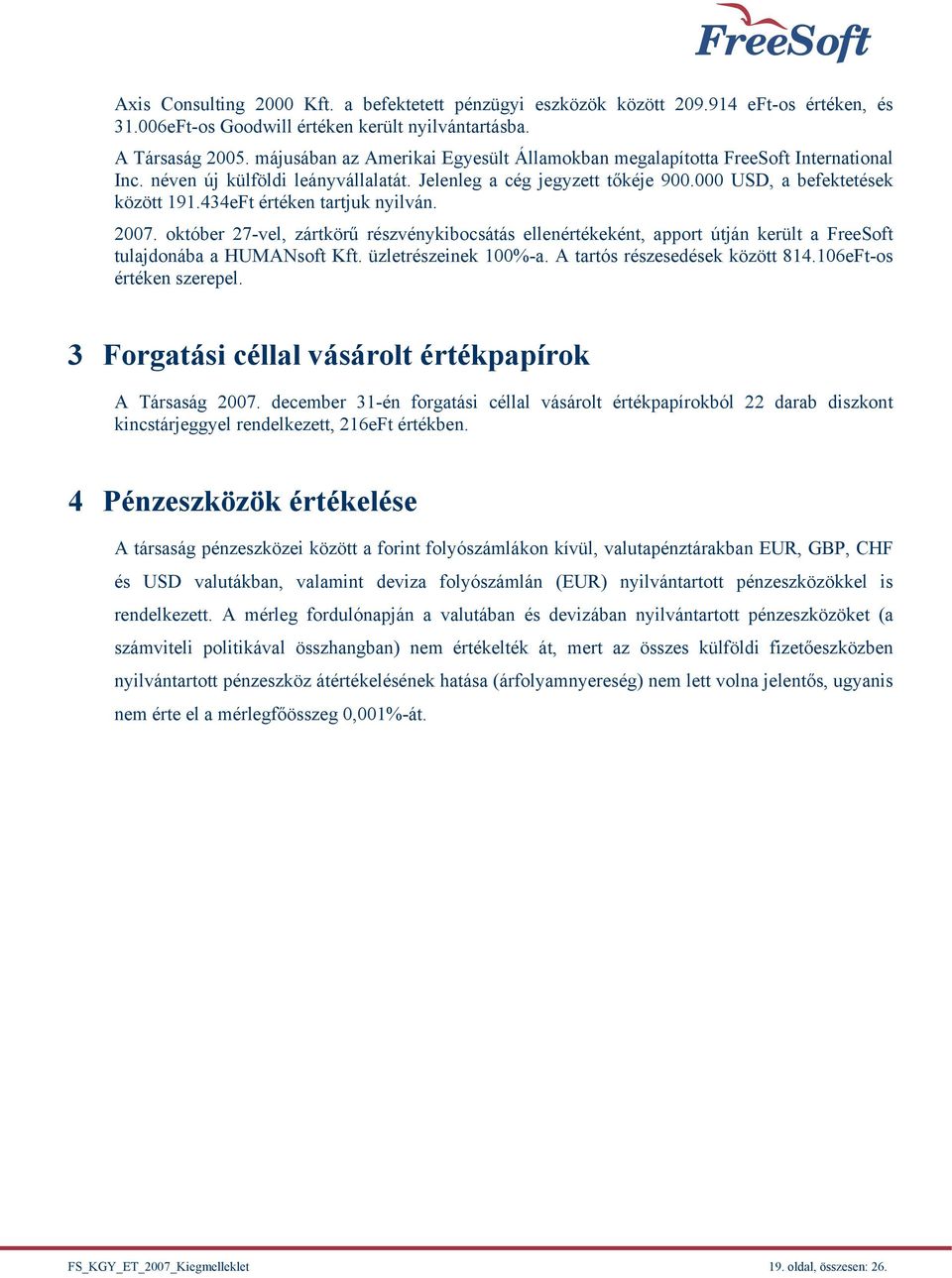 434eFt értéken tartjuk nyilván. 2007. október 27-vel, zártkörű részvénykibocsátás ellenértékeként, apport útján került a FreeSoft tulajdonába a HUMANsoft Kft. üzletrészeinek 100%-a.