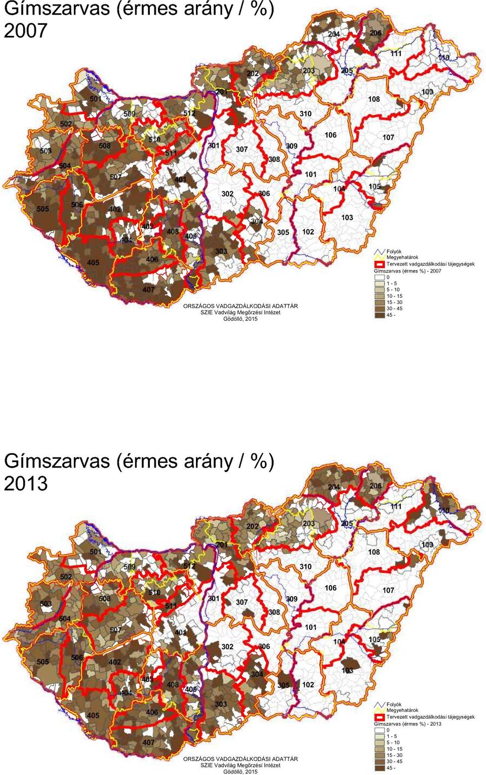 45 Gímszarvas (érmes arány / %) 2013 ORSZÁGOS VADGAZDÁLKODÁSI ADATTÁR SZlE VadvilágMegörzésiIntézet Gödö1lŐ,2015