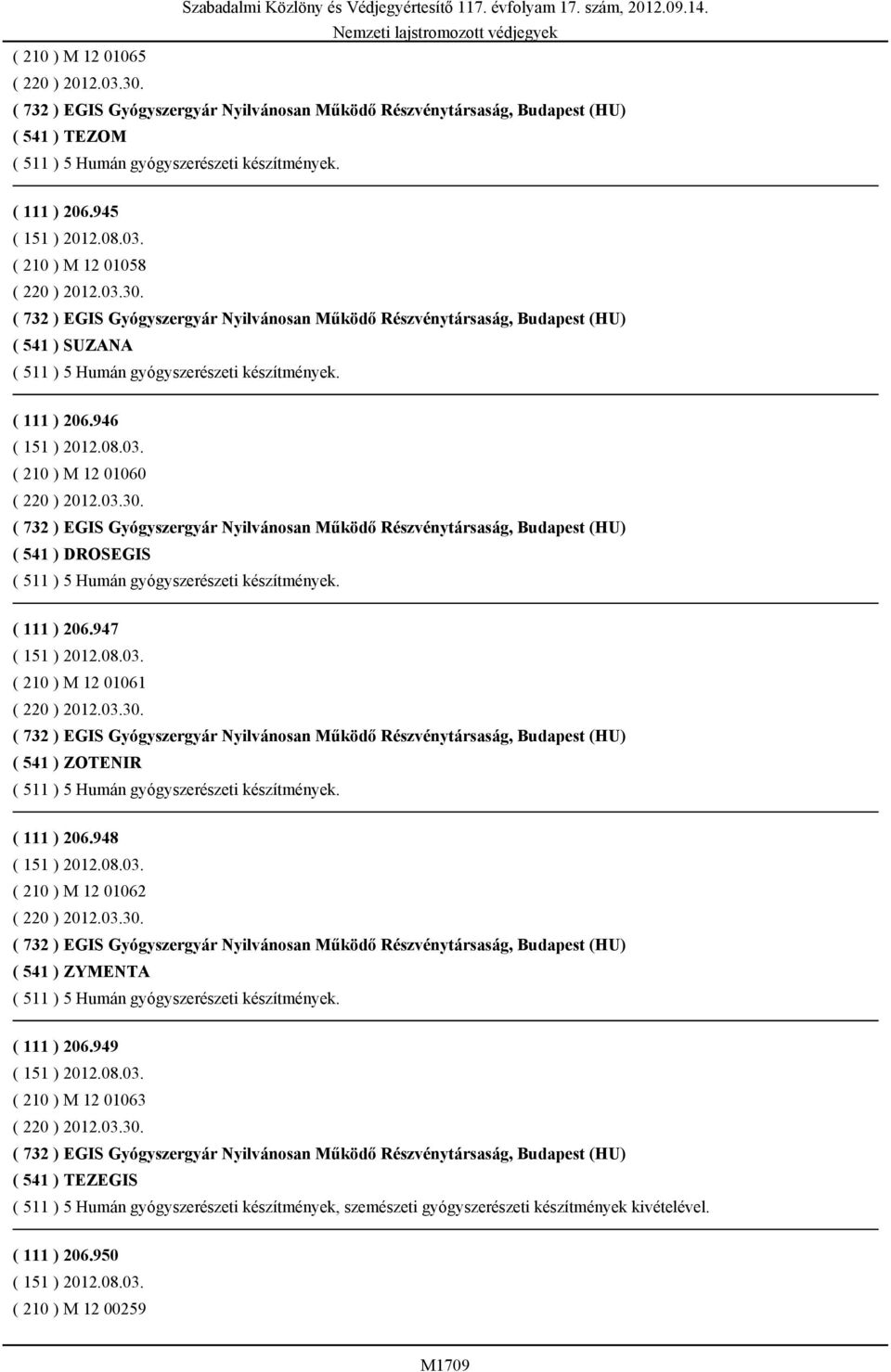 ( 732 ) EGIS Gyógyszergyár Nyilvánosan Működő Részvénytársaság, Budapest (HU) ( 541 ) SUZANA ( 511 ) 5 Humán gyógyszerészeti készítmények. ( 111 ) 206.946 ( 151 ) 2012.08.03.