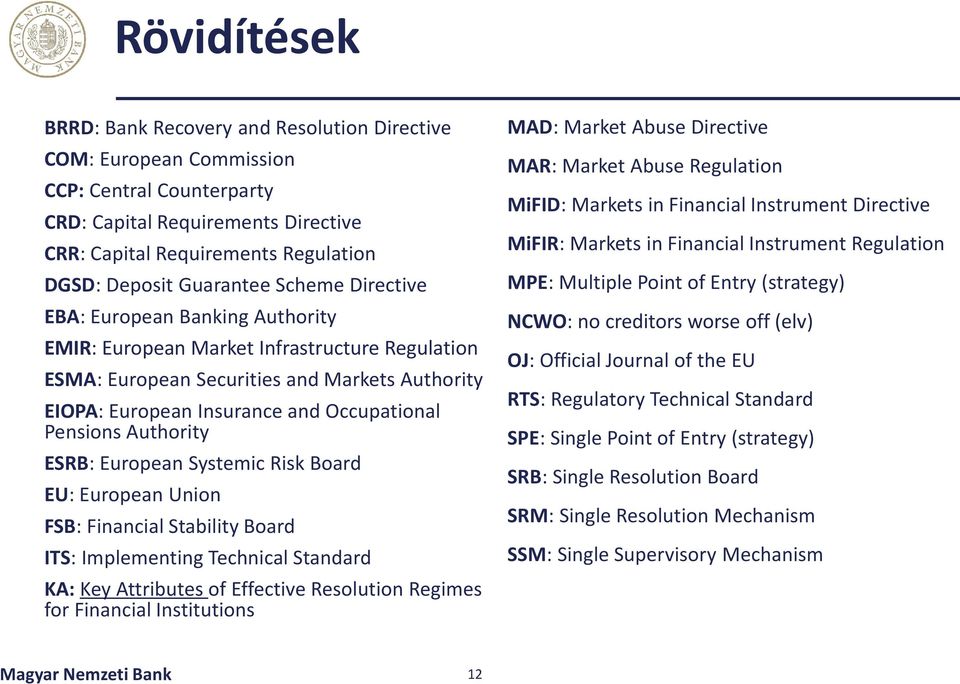 Pensions Authority ESRB: European Systemic Risk Board EU: European Union FSB: Financial Stability Board ITS: Implementing Technical Standard KA: Key Attributes of Effective Resolution Regimes for