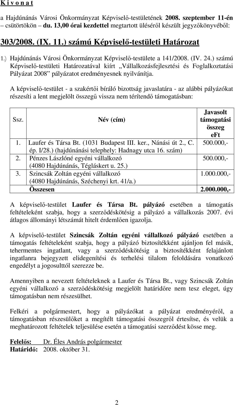 ) számú Képviselı-testületi Határozatával kiírt Vállalkozásfejlesztési és Foglalkoztatási Pályázat 2008 pályázatot eredményesnek nyilvánítja.