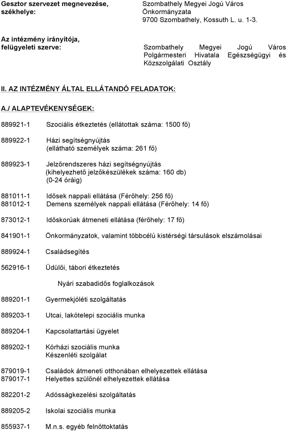 / ALAPTEVÉKENYSÉGEK: 889921-1 Szociális étkeztetés (ellátottak száma: 1500 fő) 889922-1 Házi segítségnyújtás (ellátható személyek száma: 261 fő) 889923-1 Jelzőrendszeres házi segítségnyújtás