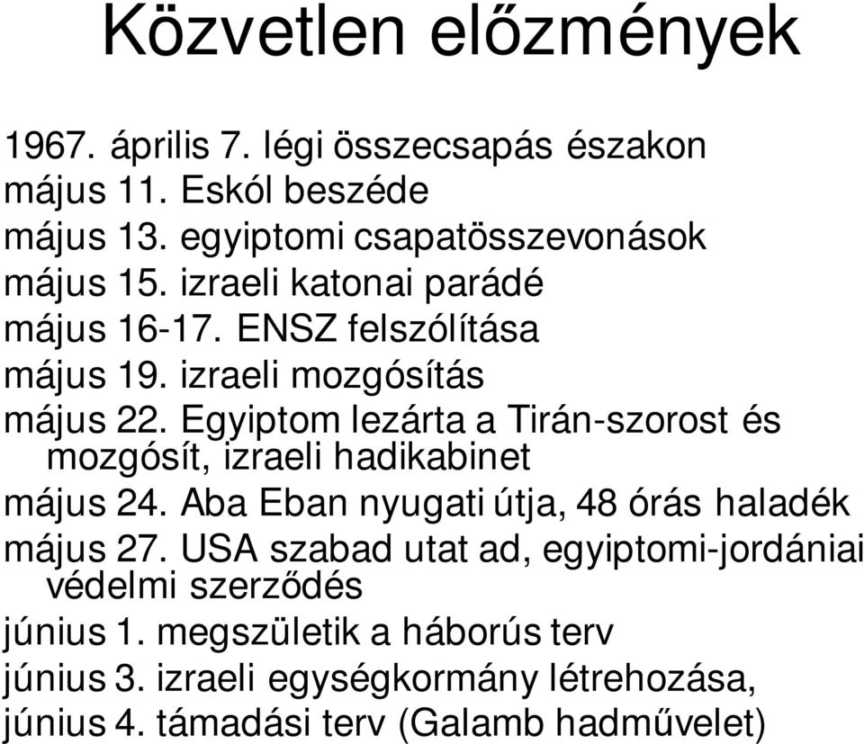 Egyiptom lezárta a Tirán-szorost és mozgósít, izraeli hadikabinet május 24. Aba Eban nyugati útja, 48 órás haladék május 27.