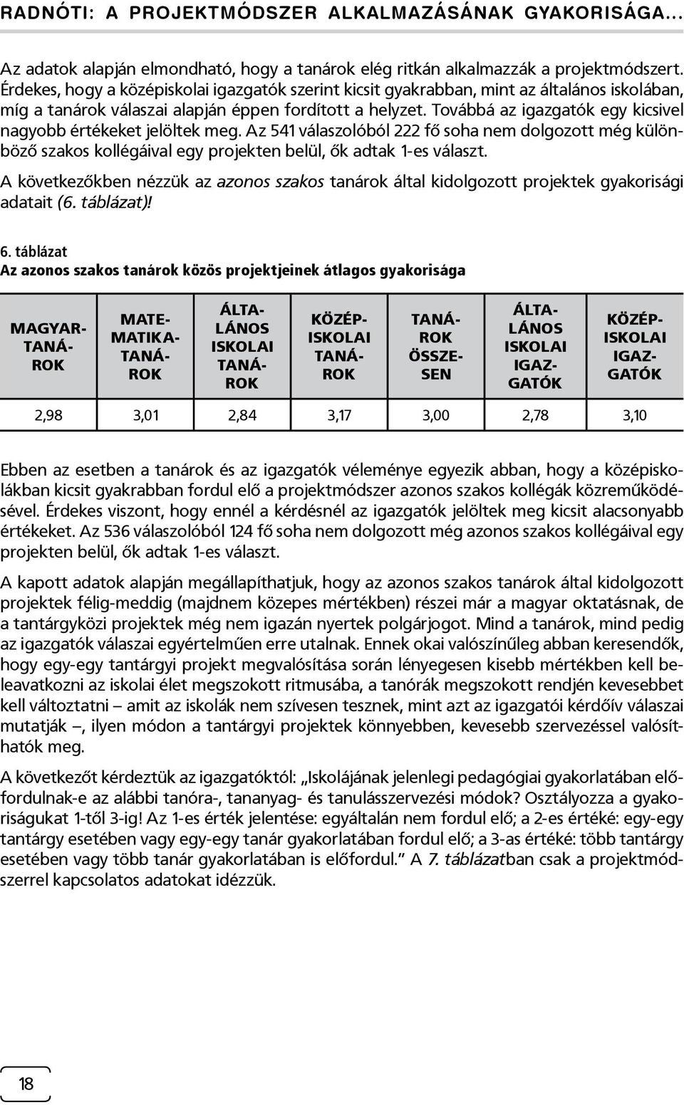 Továbbá az igazgatók egy kicsivel nagyobb értékeket jelöltek meg. Az 541 válaszolóból 222 fő soha nem dolgozott még különböző szakos kollégáival egy projekten belül, ők adtak 1-es választ.