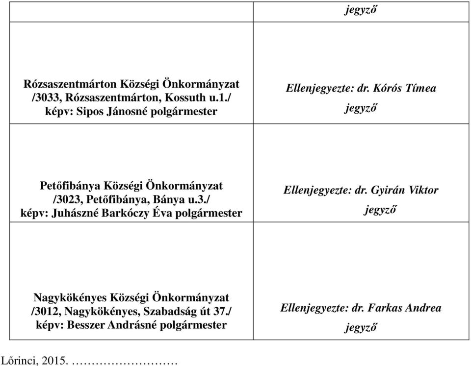 Kórós Tímea Petőfibánya Községi Önkormányzat /3023, Petőfibánya, Bánya u.3./ képv: Juhászné Barkóczy Éva polgármester Ellenjegyezte: dr.