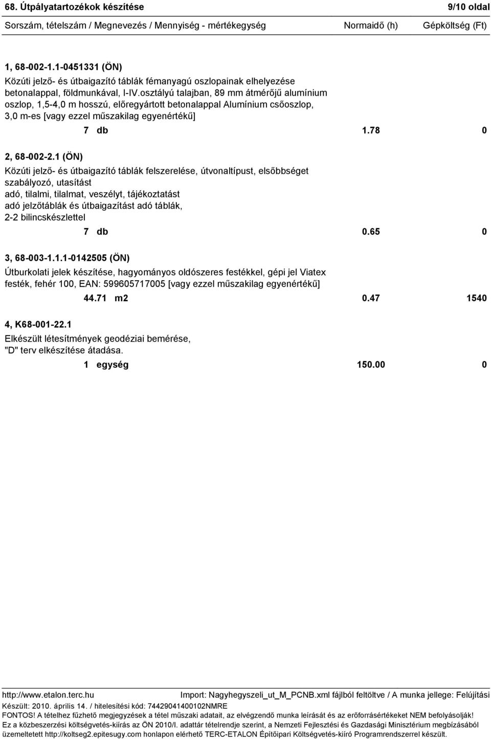 1 (ÖN) Közúti jelző- és útbaigazító táblák felszerelése, útvonaltípust, elsőbbséget szabályozó, utasítást adó, tilalmi, tilalmat, veszélyt, tájékoztatást adó jelzőtáblák és útbaigazítást adó táblák,