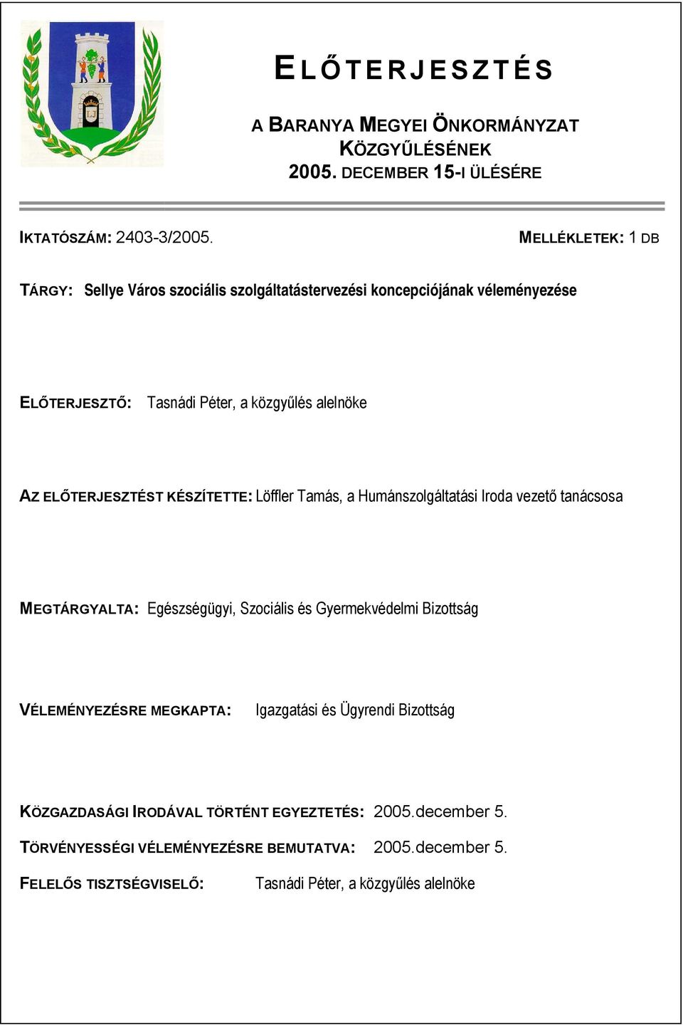 ELŐTERJESZTÉST KÉSZÍTETTE: Löffler Tamás, a Humánszolgáltatási Iroda vezető tanácsosa MEGTÁRGYALTA: Egészségügyi, Szociális és Gyermekvédelmi Bizottság