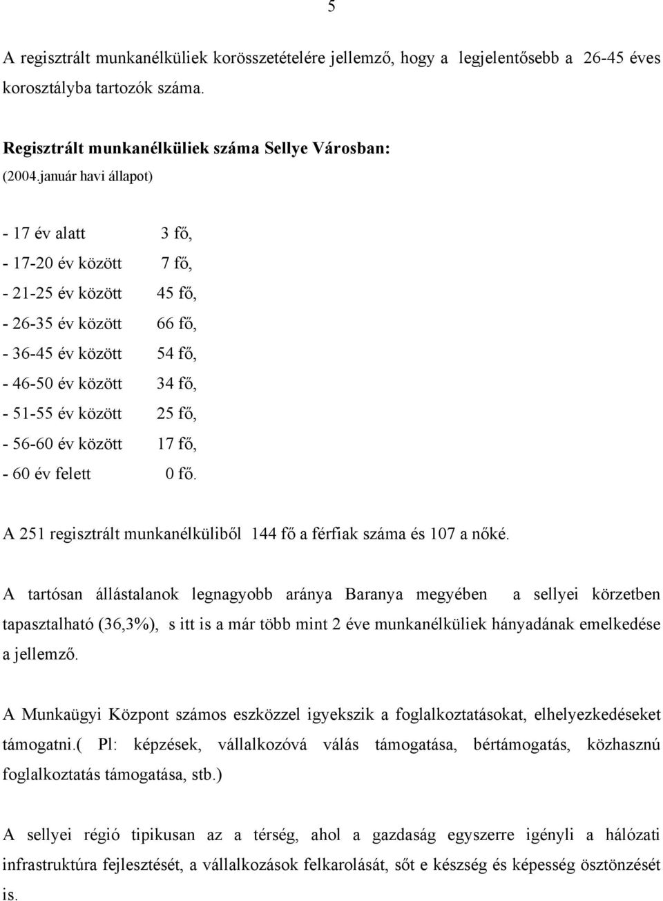 év között 17 fő, - 60 év felett 0 fő. A 251 regisztrált munkanélküliből 144 fő a férfiak száma és 107 a nőké.