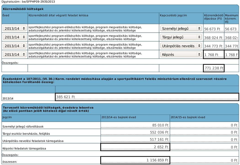 költsége, elszámolás költsége sportfejlesztési program előkészítés költsége, program megvalósítás költsége,  költsége, elszámolás költsége Személyi jellegű Tárgyi jellegű Utánpótlás nevelés Képzés