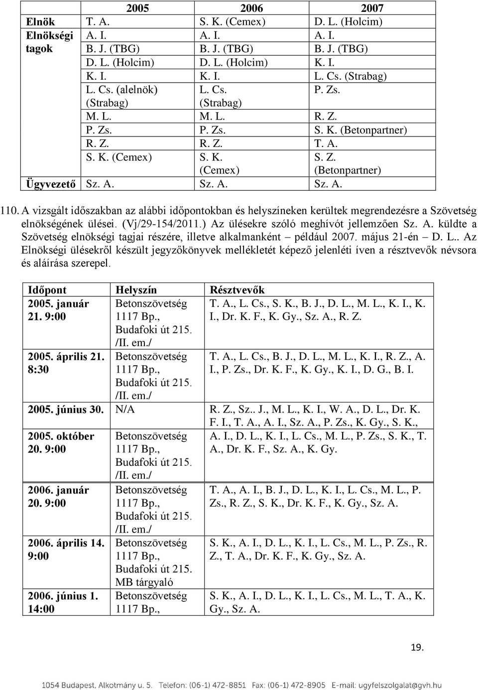 A vizsgált időszakban az alábbi időpontokban és helyszíneken kerültek megrendezésre a Szövetség elnökségének ülései. (Vj/29-154/2011.) Az