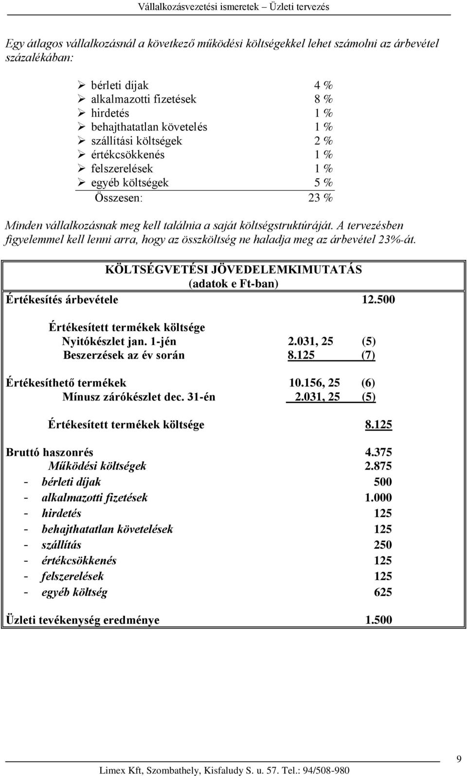 A tervezésben figyelemmel kell lenni arra, hogy az összköltség ne haladja meg az árbevétel 23%-át. KÖLTSÉGVETÉSI JÖVEDELEMKIMUTATÁS (adatok e Ft-ban) Értékesítés árbevétele 12.