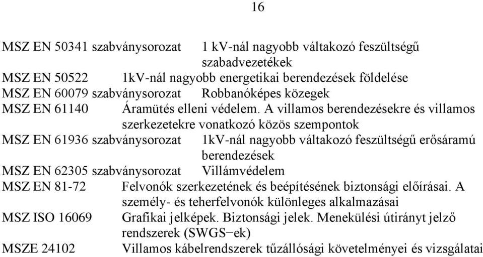 A villamos berendezésekre és villamos szerkezetekre vonatkozó közös szempontok MSZ EN 61936 szabványsorozat 1kV-nál nagyobb váltakozó feszültségű erősáramú berendezések MSZ EN 62305