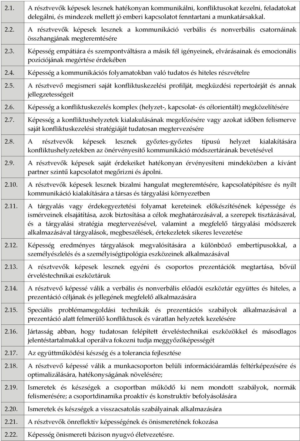 Képesség a kommunikációs folyamatokban való tudatos és hiteles részvételre 2.5. A résztvevő megismeri saját konfliktuskezelési profilját, megküzdési repertoárját és annak jellegzetességeit 2.6.