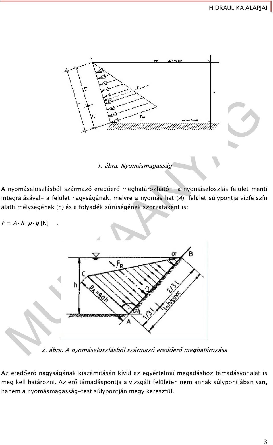 melyre a nyomás hat (A), felület súlypontja vízfelszín alatti mélységének (h) és a folyadék sűrűségének szorzataként is: F = A h ρ g [N]. 2. ábra.