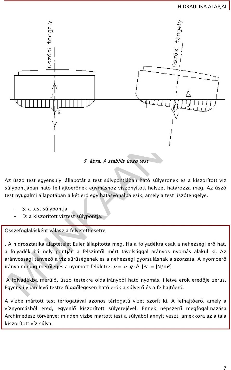 Az úszó test nyugalmi állapotában a két erő egy hatásvonalba esik, amely a test úszótengelye. - S: a test súlypontja - D: a kiszorított víztest súlypontja. Összefoglalásként válasz a felvetett esetre.