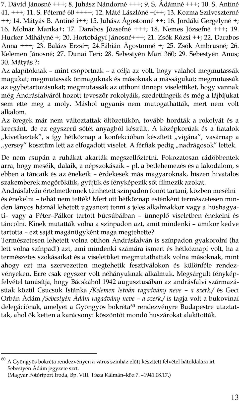 Darabos Anna +++; 23. Balázs Erzsi+; 24.Fábián Ágostonné +; 25. Zsók Ambrusné; 26. Kelemen Jánosné; 27. Dunai Teri; 28. Sebestyén Mari 360; 29. Sebestyén Anus; 30. Mátyás?