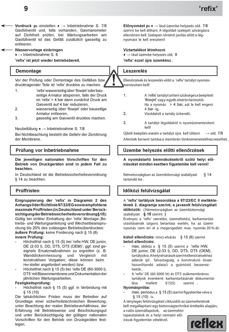 Wasservorlage einbringen Inbetriebnahme S. 8 refix ist jetzt wieder betriebsbereit. Demontage Vor der Prüfung oder Demontage des Gefäßes bzw. drucktragender Teile ist refix drucklos zu machen. 1.