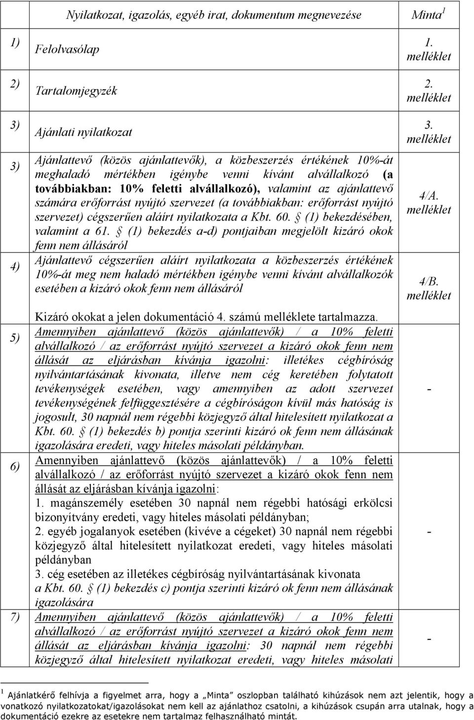 alvállalkozó), valamint az ajánlattevő számára erőforrást nyújtó szervezet (a továbbiakban: erőforrást nyújtó szervezet) cégszerűen aláírt nyilatkozata a Kbt. 60. (1) bekezdésében, valamint a 61.